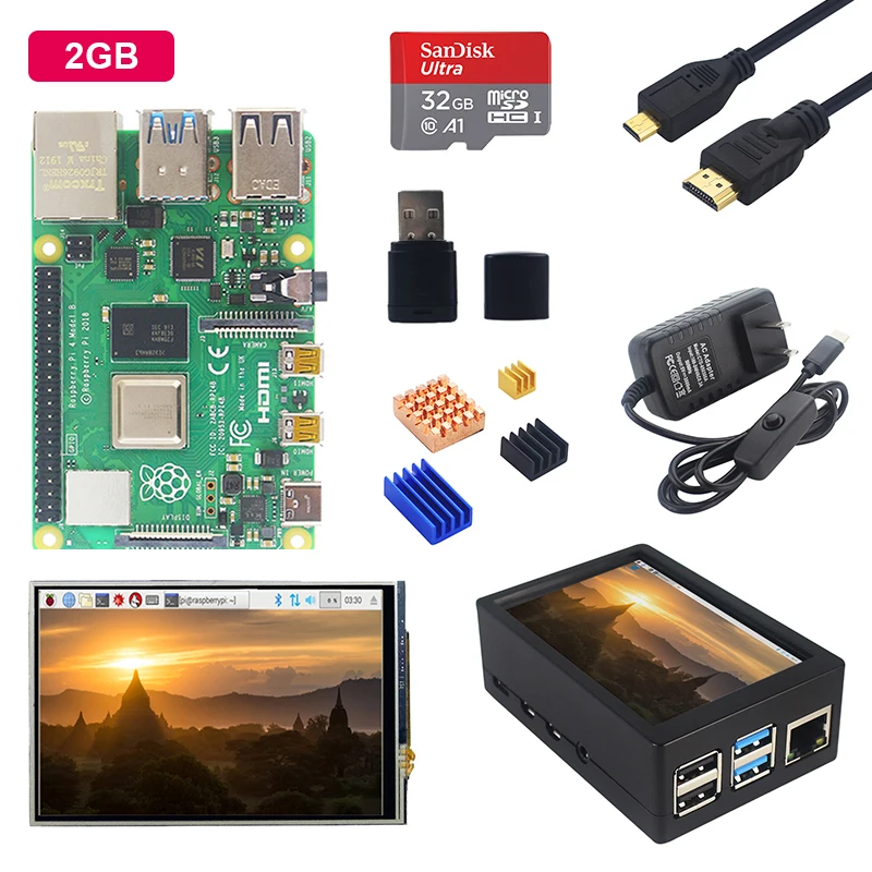 50FPS LCD with 2GB Raspberry Pi 4 Модель B+ 3,5 дюймовый сенсорный экран+ акриловый чехол+ блок питания+ sd-карта+ радиатор для Raspberry Pi 4B - Комплект: 50FPS LCD with 2GB