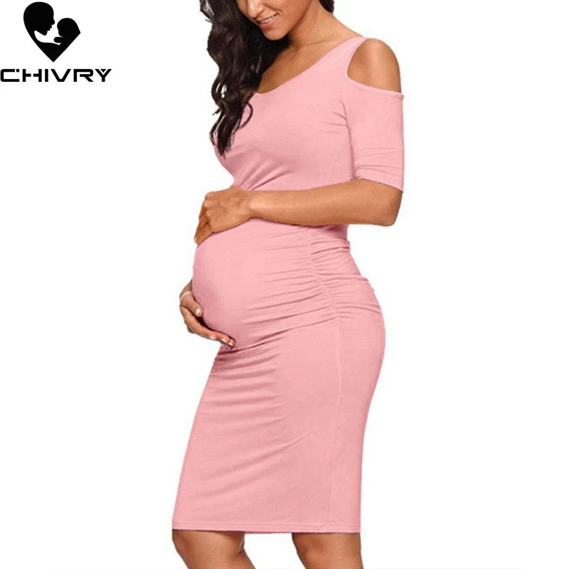 

Chivry New Maternity Women Pregnancy Dresses Mama Clothes O-Neck Solid Sexy Off Shoulder Bodycon Pregnant Women Casual Dress