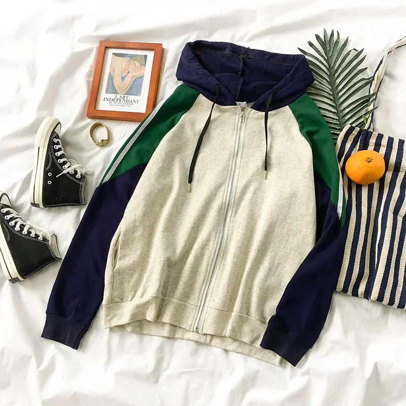 

Autumn Striped Hoodies Coat Women Fashion Casual Patchowrk Striped Long Sleeve Cardigan Cotton Harajuku Outwear Jacket