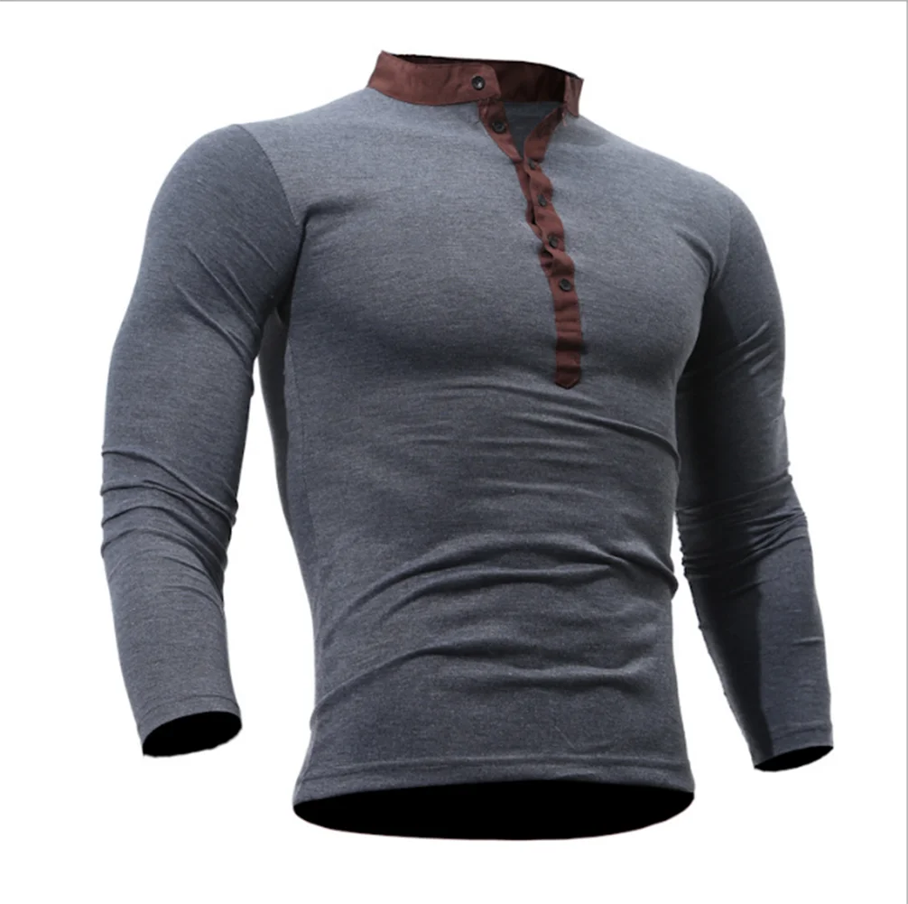Тонкая Блузка; сезон осень мужские Slim Fit с v-вырезом и длинным рукавом, облегающая футболка Повседневное топы футболки на пуговицах сплошного цвета