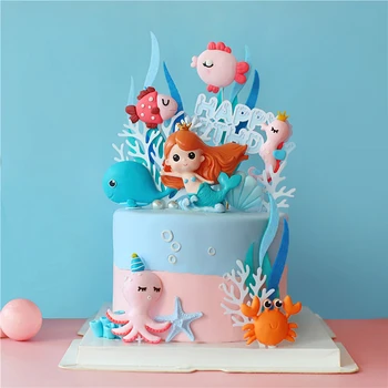 

Crown Mermaid Fish Ocean World Girl Cake Topper Birthday Dessert Decoration for Children's Day Party Supplies Lovely Gift