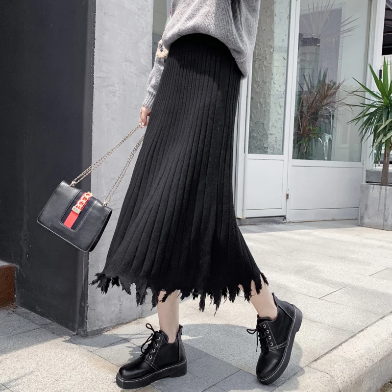 Новая женская трикотажная юбка с высокой талией, плиссированные длинные юбки с большим маятником, коричневые, серые, черные, абрикосовые 9361