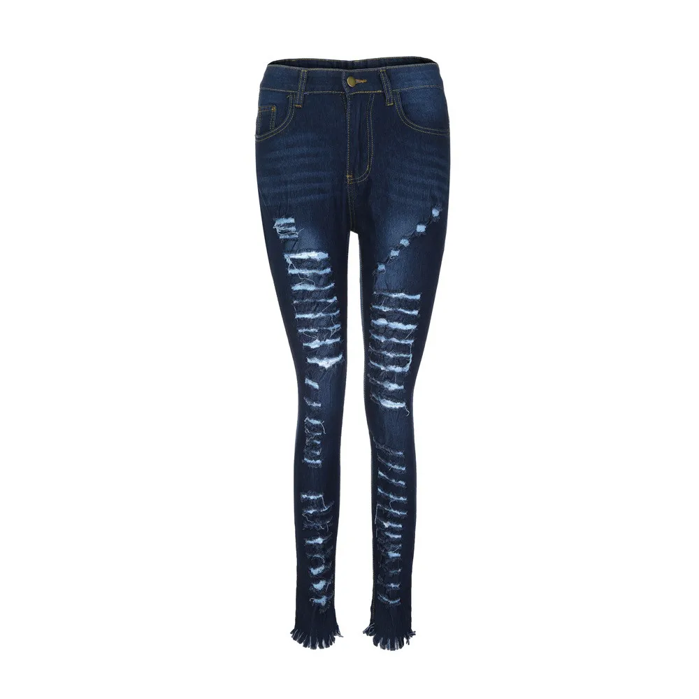 Dark Blue Женские, с высокой талией рваные узкие джинсы из денима, тянущиеся узкие штаны до середины икры Длина джинсы W813 - Цвет: Dark Blue