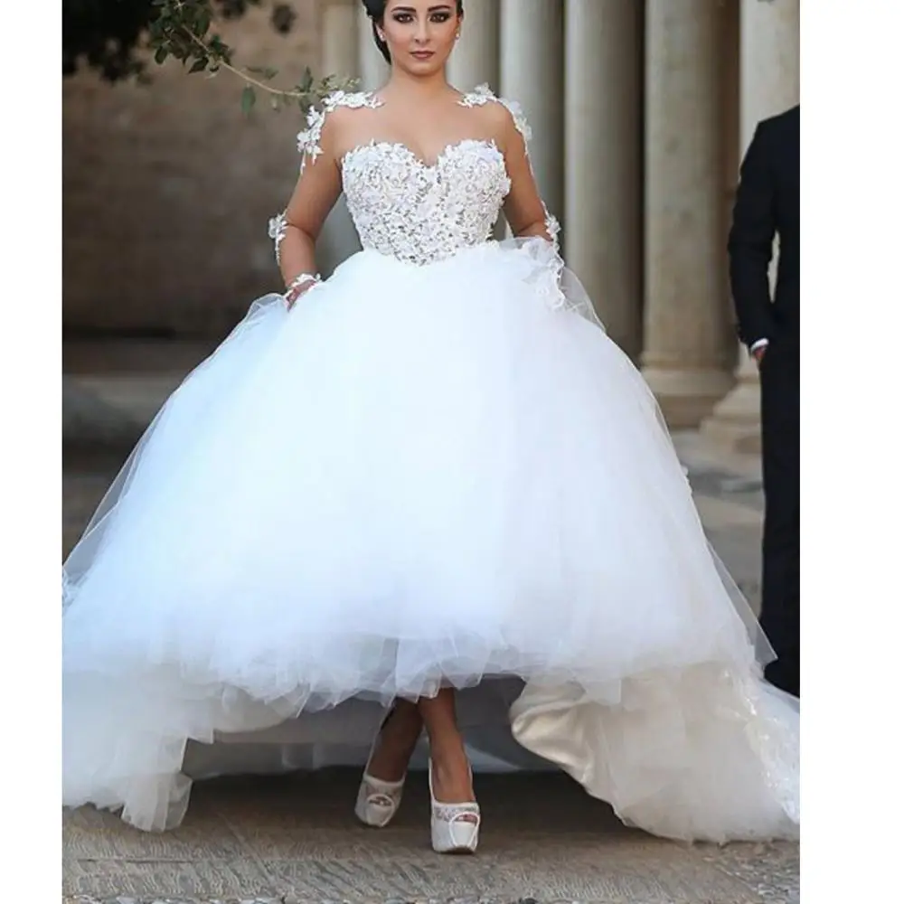 White Романтические цветочные аппликации Casamento vestido de festa с длинными рукавами на молнии с пуговицами свадебное платье свадебные платья - Цвет: White
