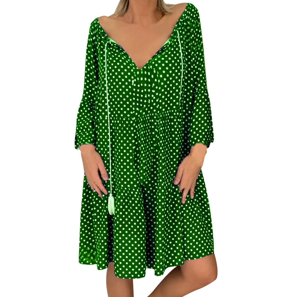 Зеленый Boho женское платье, женское свободное платье в горошек, рукав три четверти, мини платье, летнее платье, v-образный вырез, вечерние, Клубная туника, Пляжное Платье# G7 - Цвет: Зеленый