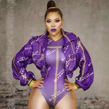 

Fashion Stage Wear Purple letter print Bodysuit jacket Women Nightclub Bar Party Outfit Performance Dance Costume jumpsuit