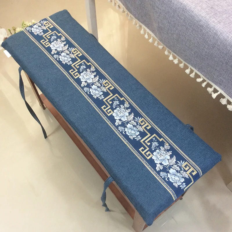 

Chinese Style Cotton And Linen Solid Color Long Stool Sponge Cushion Sofa Dining Chair Cushion With Fixed Belt Custom Size