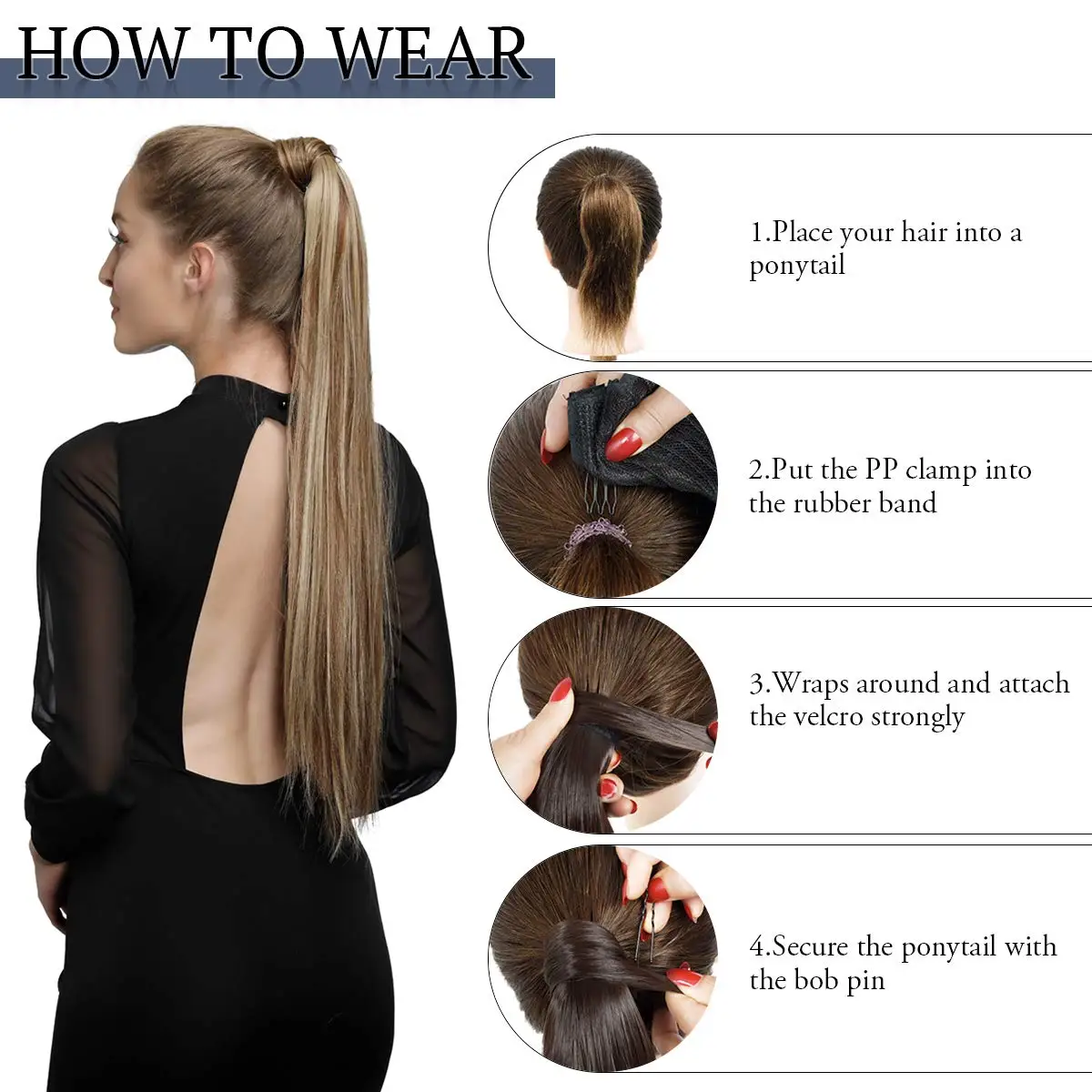 Rabo de Cavalo Extensão do Cabelo Envoltório em Torno de Extensões de Rabo de Cavalo Kong Reta Envoltório em Torno de Extensões Natural Hairpiece Headwear Cabelo Sintético Marrom Cinza & li 4 High Quality Apliques e perucas