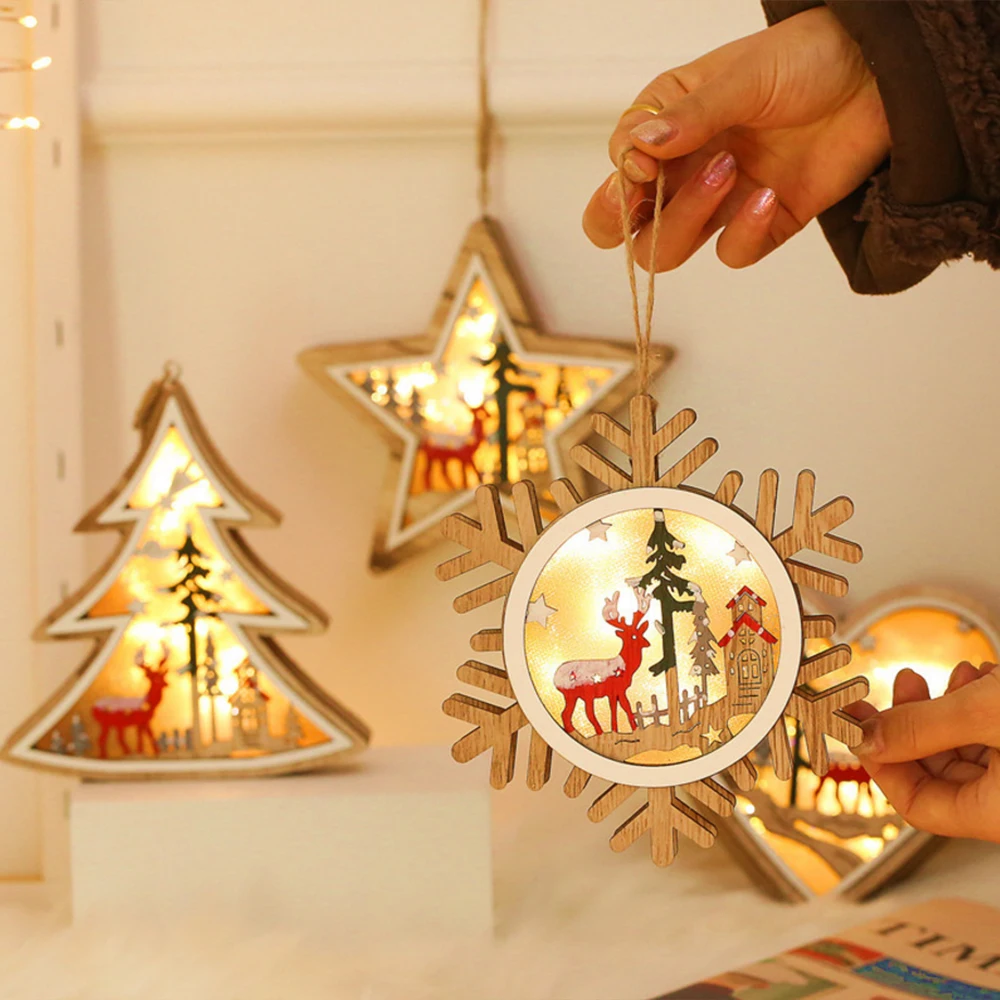 Светодиодный ночник с деревянными карточками, Рождественская елка, украшение в виде звезды, ночник, подвесное украшение, снежинки, украшения для детей, подарок