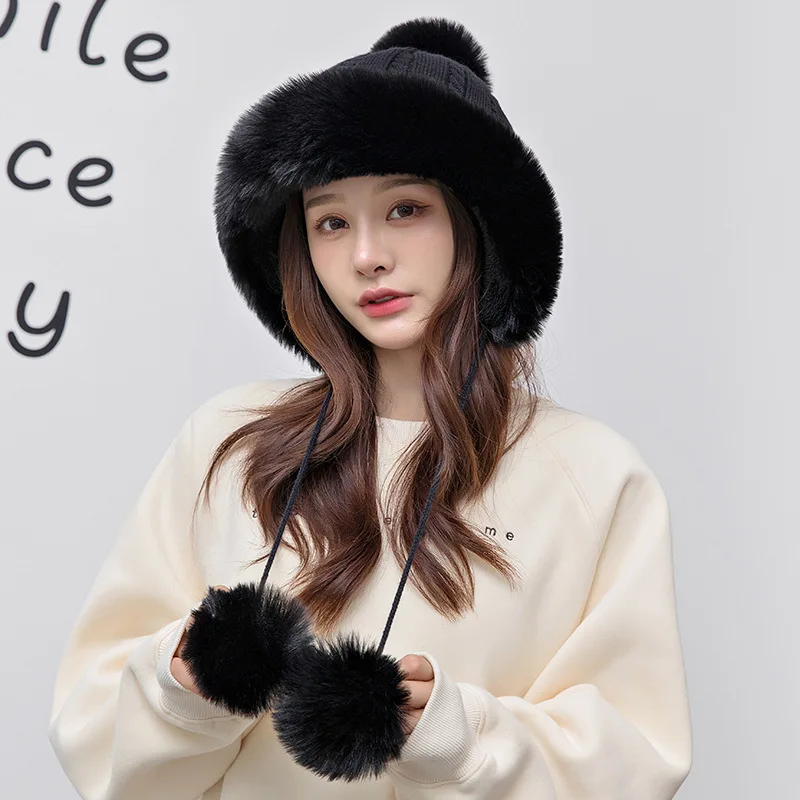 

2021 New Knitted Winter Hats Women Double Thicken And Warm Solid Long Fur Brim Beanies Wool Toque Pompoms lovely Bomber Hats
