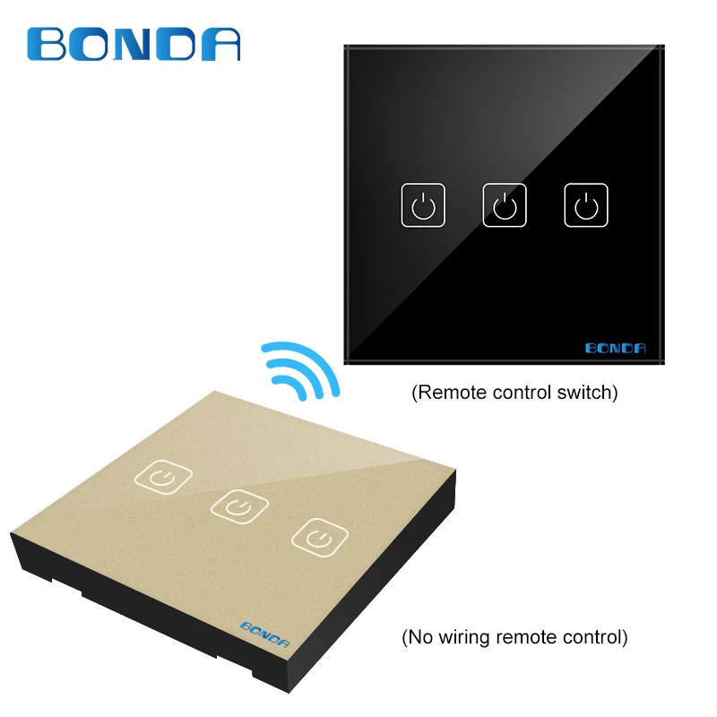 3 Way Home EU/UK smart touch switch RF дистанционный Хрустальный экран из закаленного стекла 27A 12V батарея в любом месте для управления Вкл/Выкл светом - Цвет: Black and gold 3