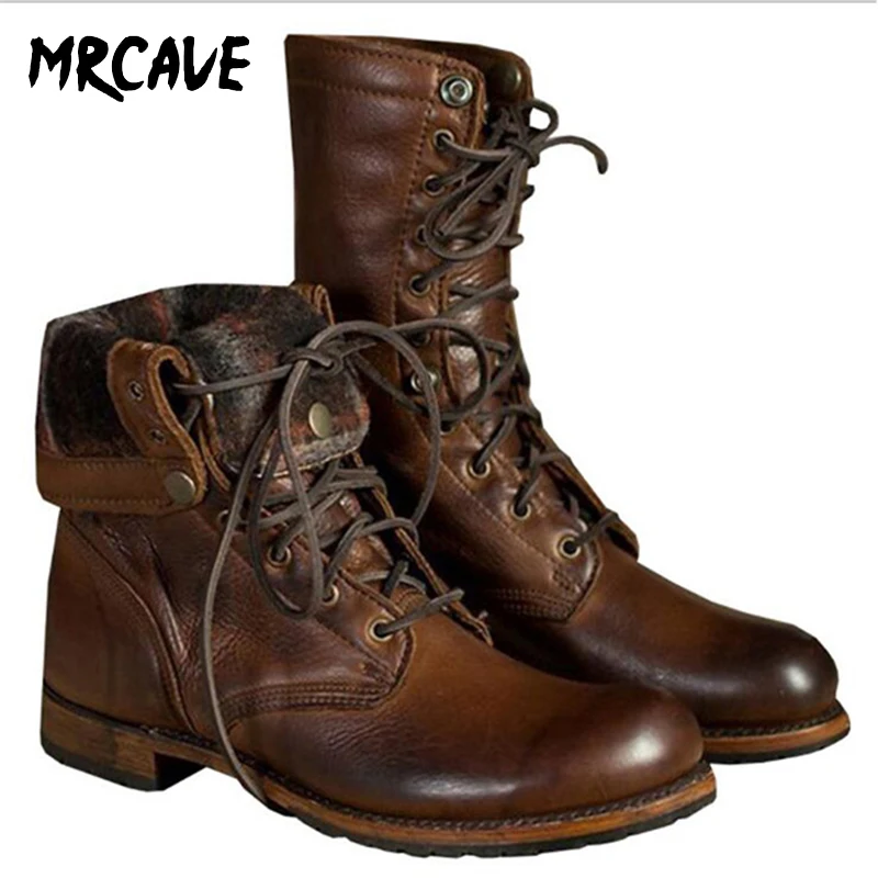 Мужские осенне-зимние кожаные ботинки со шнуровкой до середины икры | Обувь