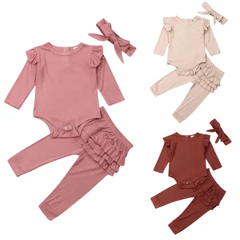

3PCS Baby Girl Clothes Set 2019 Toddler Infant Newborn Autumn Long Sleeve Solid Bodysuit Ruffle Pants Headband Outfit Clothing