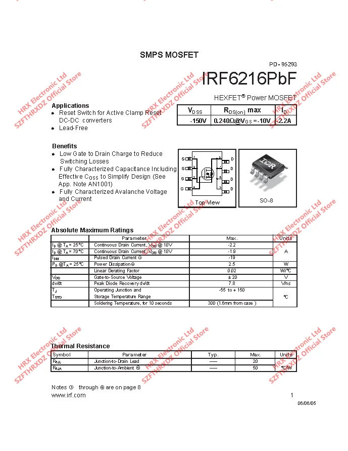 IRF6216TRPBF SOP8 F6216 лапками углублением SOP-8 IRF6216 IRF6216PBF MOSFET MOSFT PCh-150 V 2.2A 4000 шт./катушка(10 шт