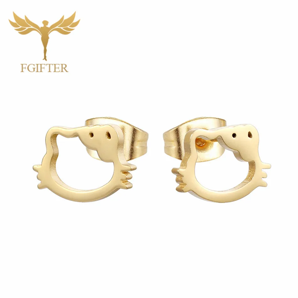 Gold Earrings Серьги-гвоздики, набор для девочек, детские сережки в виде животных, стальные сережки в кошачьем стиле, серьги в виде котенка, ювелирные изделия в виде ушей - Окраска металла: Gold Earrings
