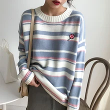 

Fanco New Cute Cartoon Embroidery Stripe Knitted Sweater Women Autumn Winter Long Sleeve Casual Pullovers Preppy Style