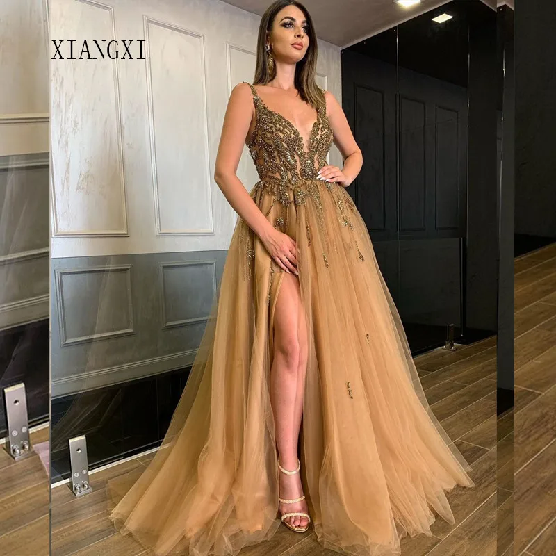 Robe De Soiree вечернее платье цвета шампанского длинные v-образный вырез бретельки-спагетти с бусинами вечерние платья vestio de festa