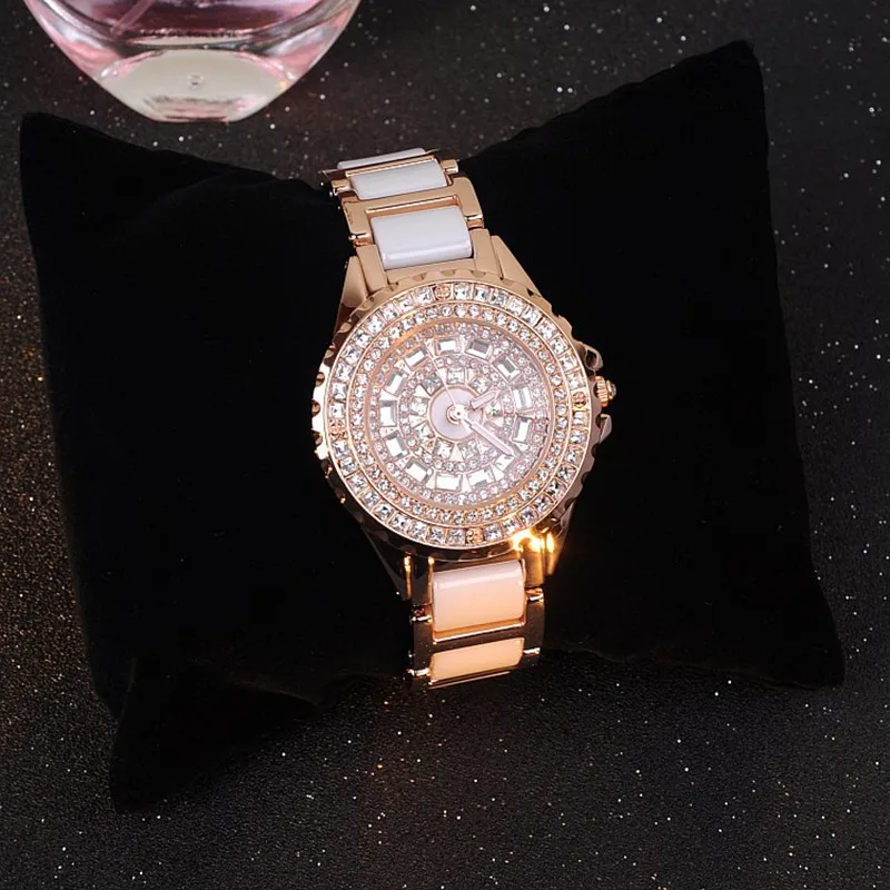 Новинка, женские модные часы, роскошные часы из розового золота с кристаллами и бриллиантами, браслет, часы с керамическим ремешком, женские часы, стразы