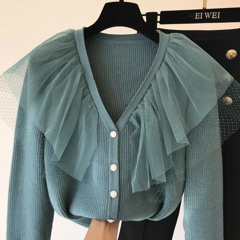 blue green Вязаный женский кардиган осень зима корейский Ins модный кружевной сетчатый стежок Вязаный Кардиган Куртка Сплошной цвет вязаная женская одежда - Цвет: blue green