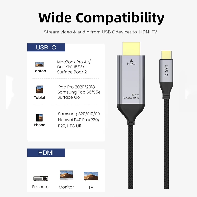 CABLETIME-USB C HDMI ̺ cŸ-HDMI Ʈ 3 4K 60Hz, ȭ ƺ Ｚ  S8 + ǻ Ʈ C030