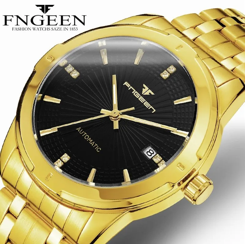 

2019 Top Brand FNGEEN Automatic Mechanical Men's Watch Gold Transparent Waterproof Case Date Luminous Men's Watch