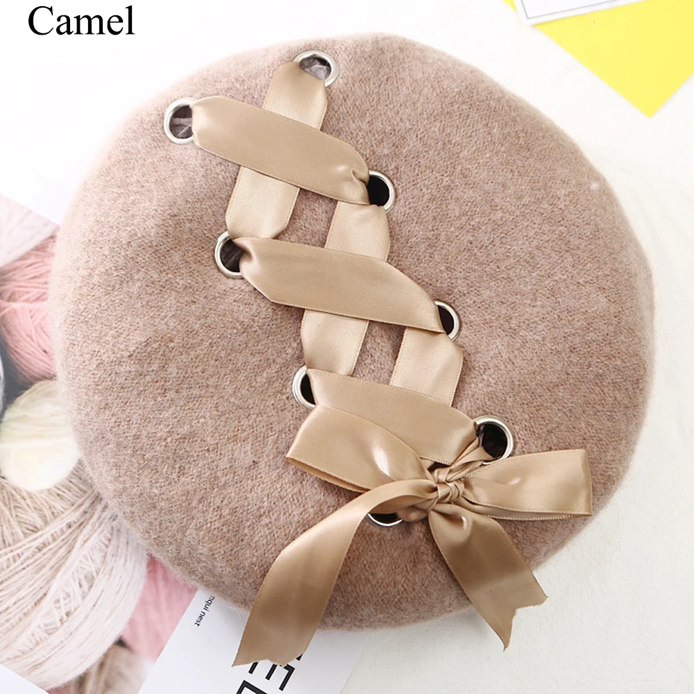 Camel Модные женские зимние шерстяные береты, роскошные бархатные винтажные кашемировые женские теплые береты Vogue, шапки для девушек, плоская кепка для женщин - Цвет: Camel