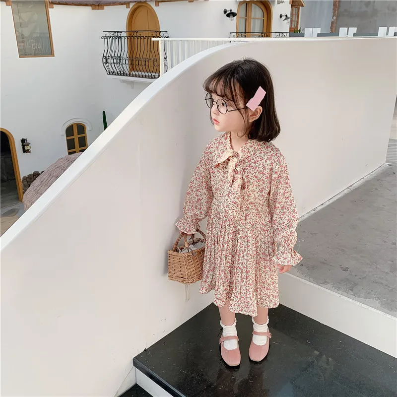 

Children 2020 Spring New Girls Crushed Chiffon Long Sleeve Floral Princess Dresses Toddler Baby Bow Tie Neck Small Fresh Dress