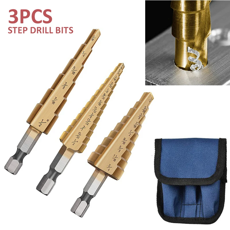 3PCS HSS Step Cone Drill Titanium Bit Set Hole Cutter Pouch Kit with Storage Bag for Wood Metal Hole Cutter Drill