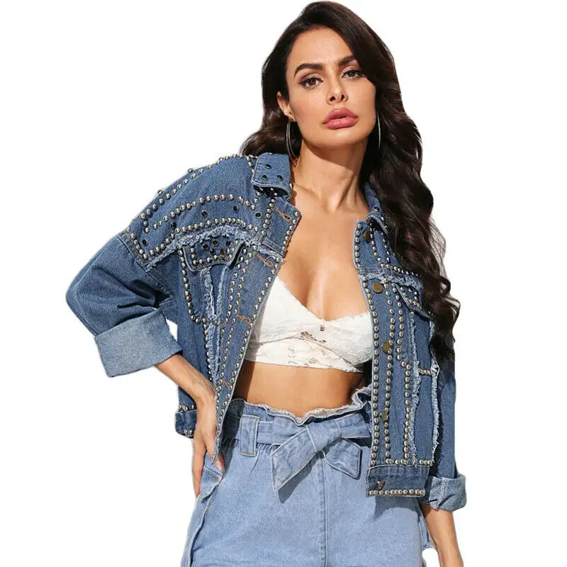 price cut  Fashion Women Denim Coat Heavy Hand Beaded Rivet Short Jeans Jackets Spring Autumn Casual Loose Sin