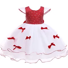 С узором в горошек, ажурное платье принцессы Лук-аппликация Платья для праздников и дней рождения для девочек; маскарадные костюмы для девочек, детское платье для девочек, одежда для малышей, WG-D0055