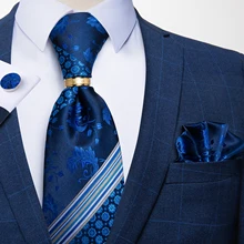 Men's Tie Handkerchief Cuffink Necktie Set Jacquard Woven Silk Blue Wedding Formal Business Party Necktie Ring Set DiBanGu