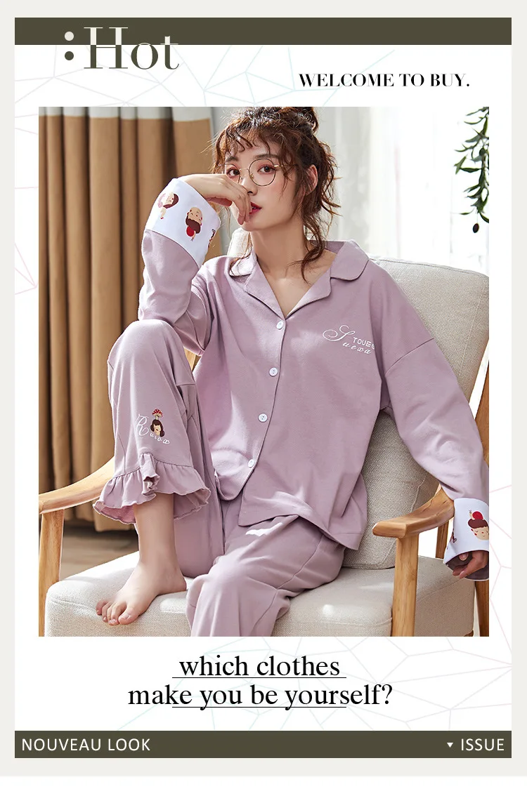 Autumn Winter Cotton Printing Lapel Top+ Long Pant 2 Piece Sets Pajamas Set For Women Cute Sleepwear Pyjama Puls Size Homewear