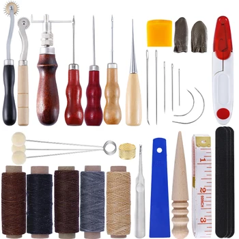 

LMDZ 34Pcs Leather Tool Kit Leather Working Tools Leather Sewing with Thread Stitching Needles Groover Thimble Awl Instructions