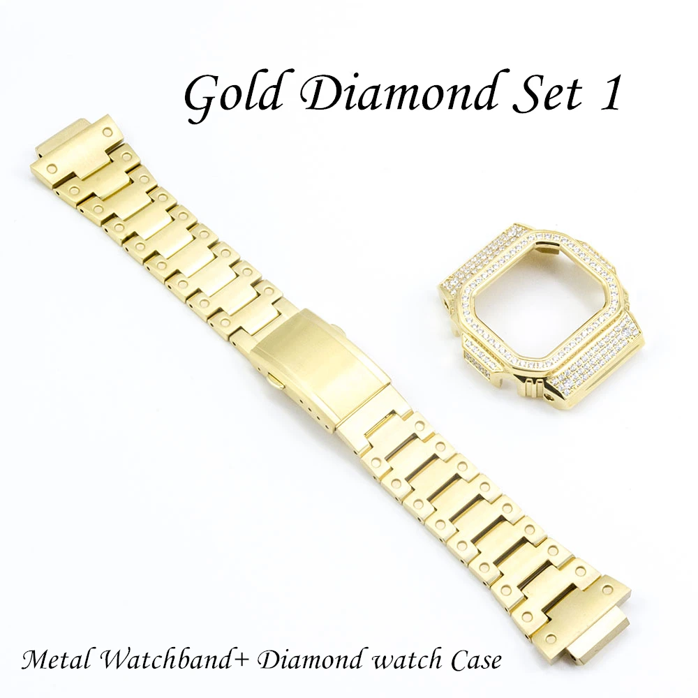 Gold Diamond Set1 Бриллиантовый ремешок для часов, чехол для часов DW5600 5610, нержавеющая сталь, уникальные аксессуары для часов - Цвет ремешка: Gold Diamond Set1