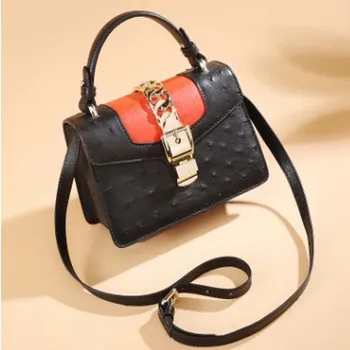 

LINSHE package Female bag women new Genuine leather Female bag Contrast color Ostrich skin Little bread One shoulder