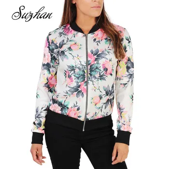 

Suzhan Bomber Jacket Women Flowers Zipper Up Retro Coat 2019 Autumn Long Sleeve Basic Plus Size Short Biker Jackets Female