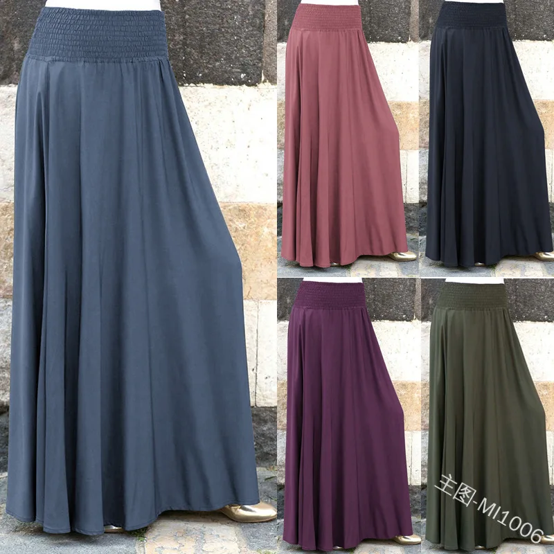 Women Skirt Summer Solid Skirt Summer 2019 Cotton Women Fashion Elastic Waist Pleated Vintage Loose Long Skirts