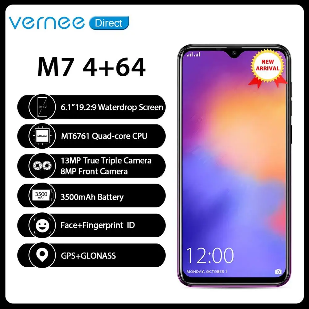 Смартфон Vernee M7 с экраном 6,1 дюйма и каплями воды, 4 ГБ, 64 ГБ, настоящая Тройная камера, 5 В/2 А, быстрая зарядка, две sim-карты, Face ID, 4G, LTE, мобильный телефон