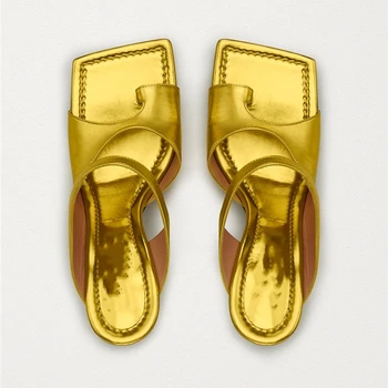 

Fashion Slippers High Heel Square Toe Open Heel Cut Out Stiletto Women Slides Shoes Solid Genuine Leather Flip Flop Mules