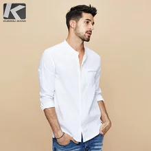KUEGOU осень белая льняная рубашка Мужская одежда Повседневная приталенная с длинным рукавом для мужской одежды модная брендовая блуза на пуговицах 02115