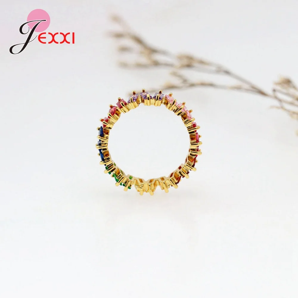 Hot Classic Colorful Rainbow CZ Gold Ring For Women Girls Fashion Engagement Wedding Band Charm Party Jewelry Gift