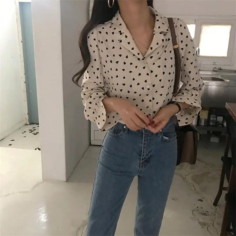 

HziriP Summer Fashion V-Neck Print Hearts Vintage Full-Sleeved Sweet Casual Women Blouses Feminine High Street Loose Shirts