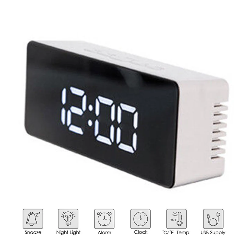 

Fashion Mirror LED Alarm Clock Digital Display Electronic Akarm Clock Thermometer LED Nightlight Bedside Clock Timer Home Decor