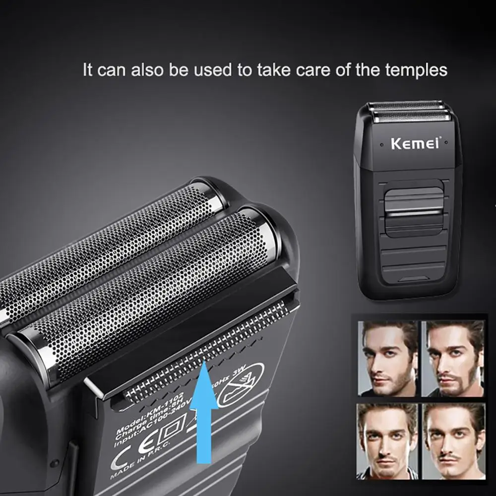 Kemei KM-1102 Аккумуляторная Беспроводная Бритва для мужчин с двумя лезвиями, возвратно-поступательная Бритва для бороды, многофункциональный триммер для ухода за лицом