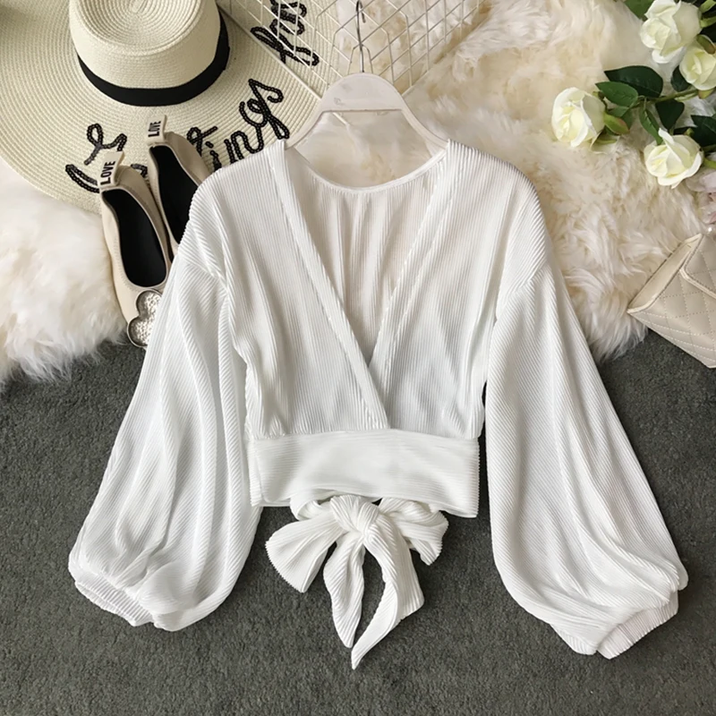 SRDP шифоновая плиссированная короткая блузка рубашка Женский Галстук бант летняя блузка женственный фонарь рукав Сексуальная блуза кардиган Blusas - Цвет: Белый