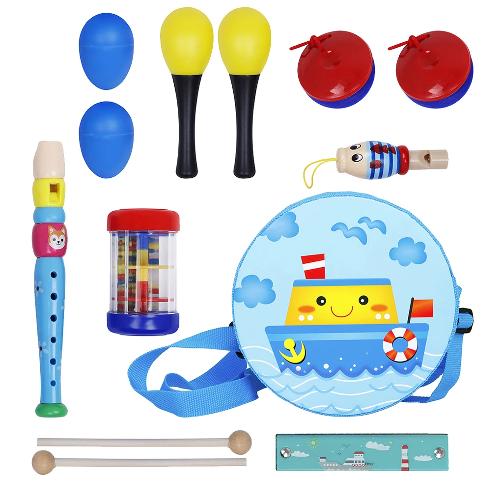 8pcs/set Kids Musical Instrument Toys Kit Double-sided Drum Clarinet Fish Whistle Rain Sounder Cartoon Harmonica for Girls Boys