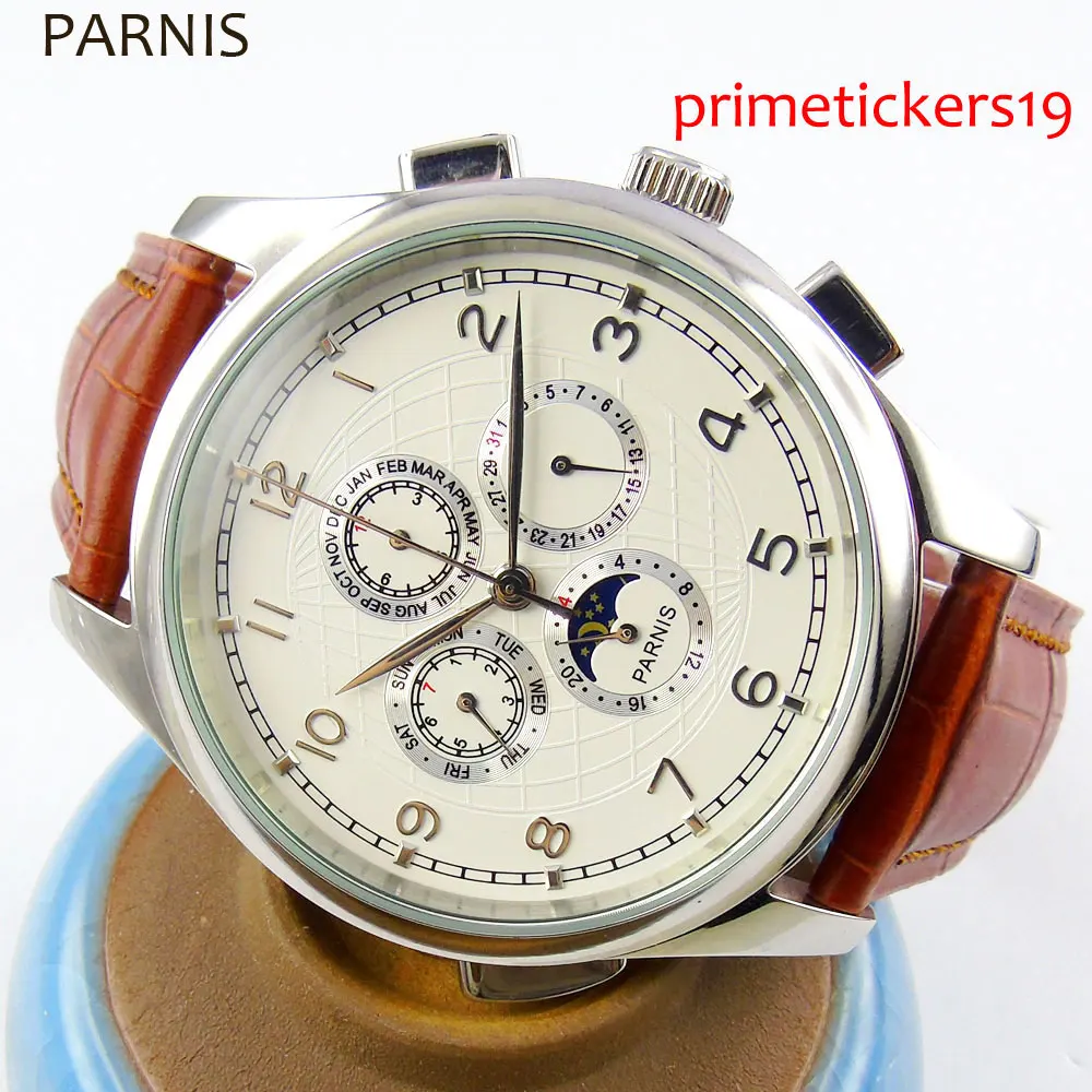 

Mechanical 44mm white dial date moon phase indicator self winding mens watch leather strap silver hands117