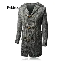 Средний стиль, толстый мужской зимний кардиган, свитер с капюшоном с роговыми пуговицами, Свитера для больших мальчиков, зимняя вязаная одежда размера плюс