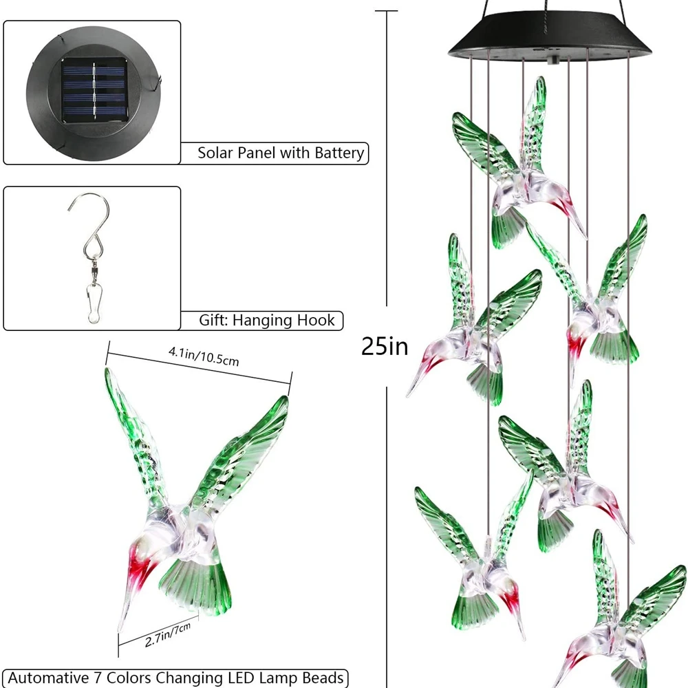 Color Changing Solar Power Wind Chime Hummingbird Angel Butterfly Waterproof Outdoor Decoration Light for Patio Yard Garden solar lights