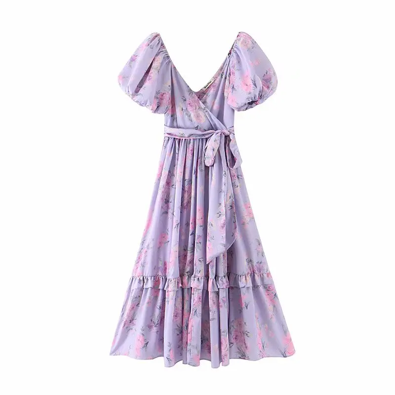 7442 purple YF47 Bazaleas винтажный буф рукав женское длинное платье дворец фиолетовый цветочный принт оборками женское платье пояс РЕТРО vestidos - Цвет: 7442 purple YF47